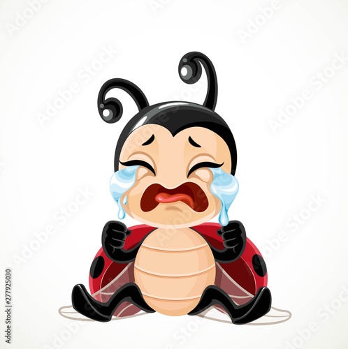Cute cartoon little ladybug sitting on the floor and crying sobbing isolated on a white background