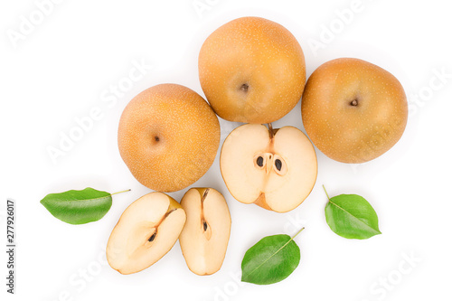 Fresh asian pear with leaves isolated on white background. Top view. Flat lay.