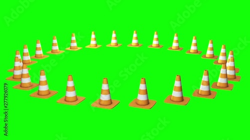 Traffic cone. Orange road sign with white stripes 3d render video available in 4k FullHD and HD render footage. Under construction concept. photo