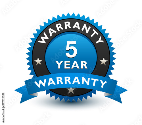 Blue simple yet reliable, medal, Label, Icon, Seal, Sign 5 year warranty badge with ribbon Isolated on White Background. 