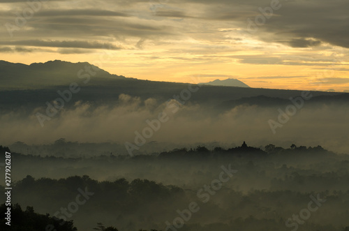 foggy morning Borobudur Budhist Temple java Indonesia