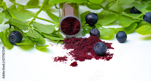 Blueberry or bilberry powder. Made by freeze dried wild Nordic berries. Contains antioxidants and vitamins in a concentrated form.