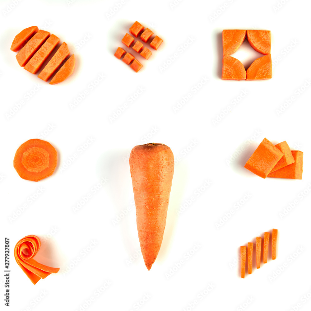 Food Collage set of fresh whole and sliced carrot isolated on white background. Top view Food Collage set of fresh whole and sliced carrot isolated on white background. Top view