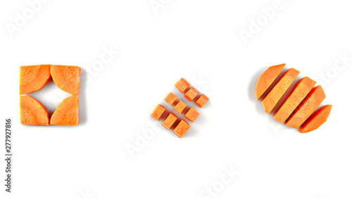 Food Collage set of fresh whole and sliced carrot isolated on white background. Top view