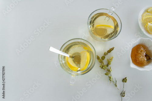 Top view of lemon tea glasses. Drinks flat lay. Seasonal refreshment break