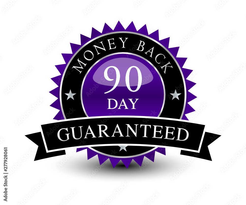 Purple colored seal, sign, label, icon 90 day money back guaranteed badge with ribbon on top isolated on white background. Purple colored seal, sign, label, icon 90 day money back guaranteed badge with ribbon on top isolated on white background.