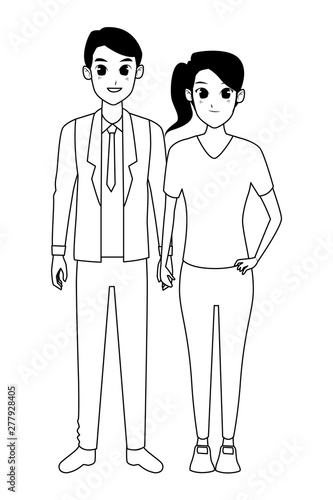 Young adult couple greeting cartoon in black and white