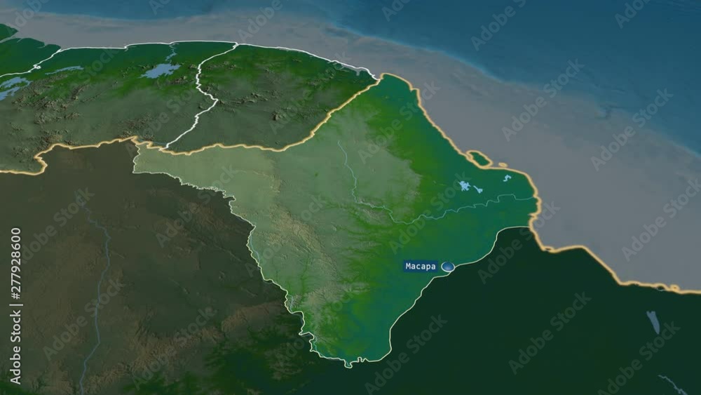 Amapa - state of Brazil with its capital zoomed on the physical map of the globe. Animation 3D Amapa - state of Brazil with its capital zoomed on the physical map of the globe. Animation 3D