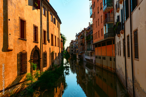 View of residential buildings on the city canal San Massimo in Padua, Italy. 
