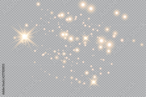 Set of gold glowing light effects isolated on transparent background. Glow light effect. Star exploded sparkles.