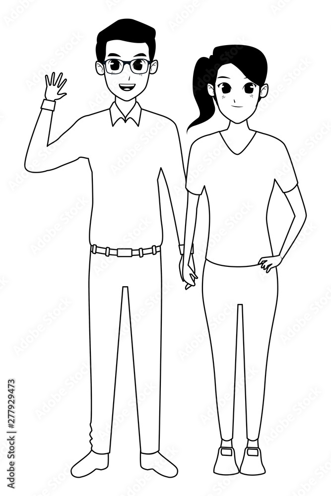 Young adult couple greeting cartoon in black and white Young adult couple greeting cartoon in black and white