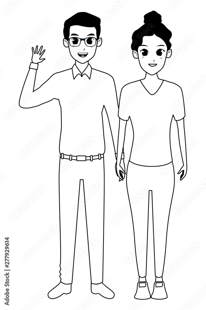 Young adult couple greeting cartoon in black and white Young adult couple greeting cartoon in black and white