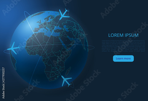 World flight map. Vector image of a global map with lights in the form of cities of the world. The end of the organization of air transportation. Easy to edit