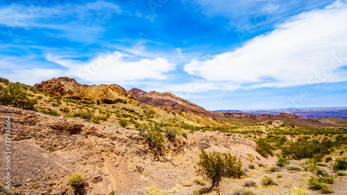 Colorful and Rugged Mountains along highway SR 165 in El Dorado Canyon on the border of Nevada and Arizona. The canyon is part of the Lake Mead National Recreation Area in the USA