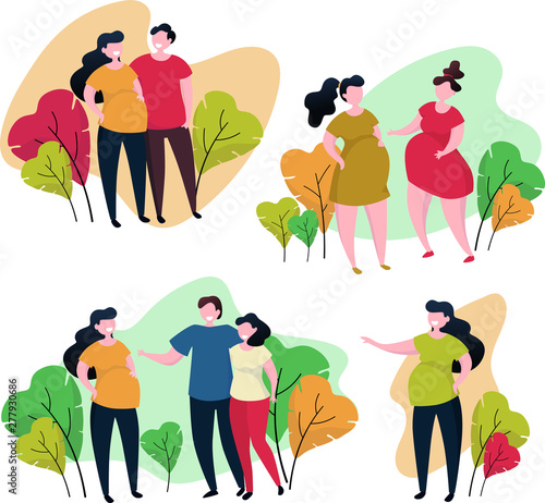 parents awaiting the birth of a child. pregnancy. meeting pregnant girlfriend positive emotions during pregnancy. young family. vector illustration set