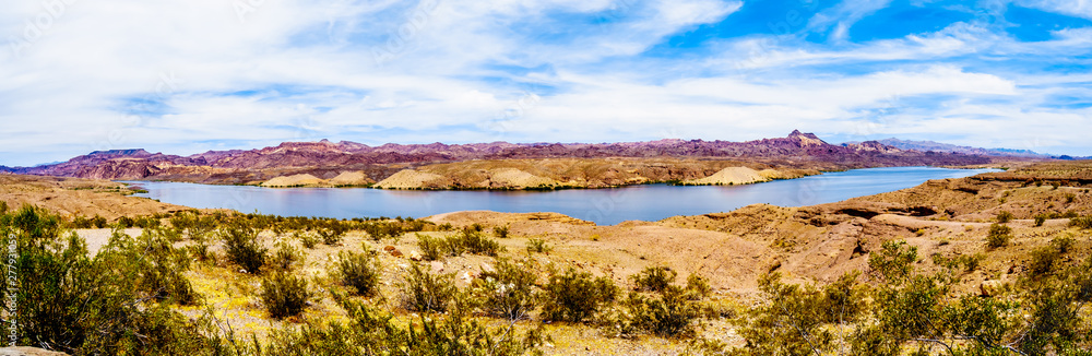 Panorama view of the Colorful and Rugged Mountains along Cottonwood Basin of the Colorado River in El Dorado Canyon on the border of Nevada and Arizona. Part of the Lake Mead National Recreation Area