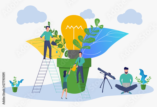 Metaphor of the birth of a creative business idea. business concept analysis. Vector illustration of people grow plants in pots.