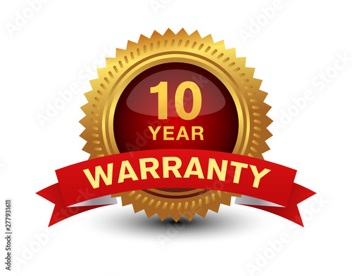 10 year warranty golden red seal, stamp, badge, stamp, sign with red ribbon isolated on white background.