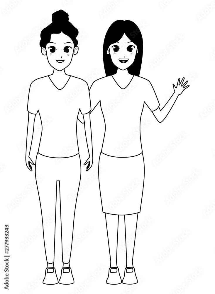 YOUNG women friends smiling cartoon in black and white YOUNG women friends smiling cartoon in black and white