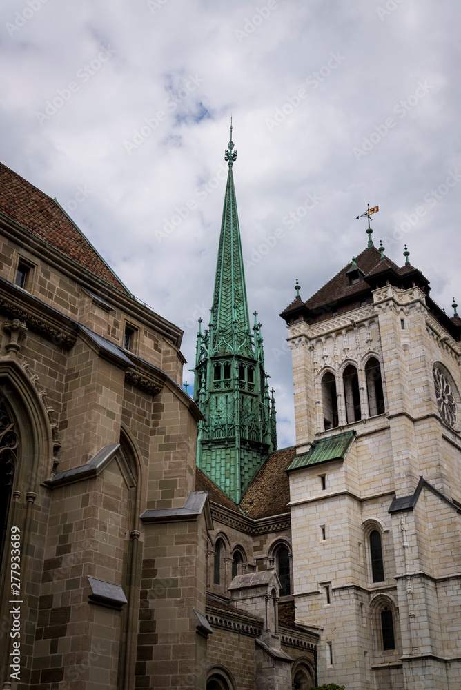Spire of St.Peter’s Cathedral, Geneva's main church, famous for John Calvin preaching here, Old Town, Geneva, Switzerland