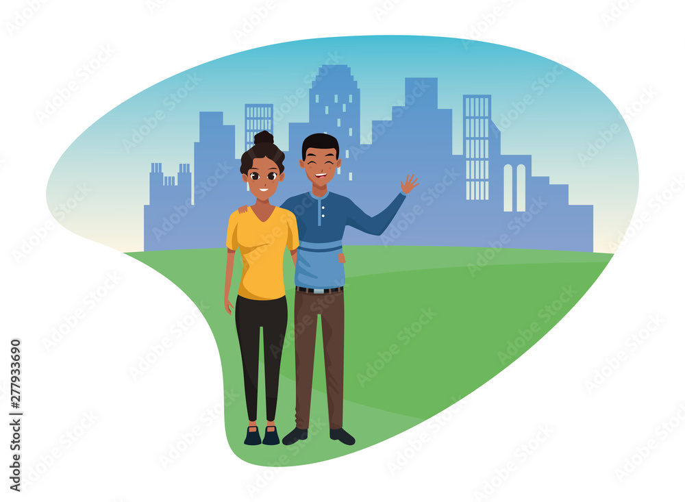 Young adult couple greeting cartoon Young adult couple greeting cartoon