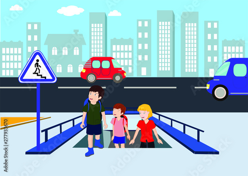 underpass, footbridge, overpass, children using pedestrian crossing. lower bridge. underpass vector illustration, lower pedestrian crossing, crosswalk