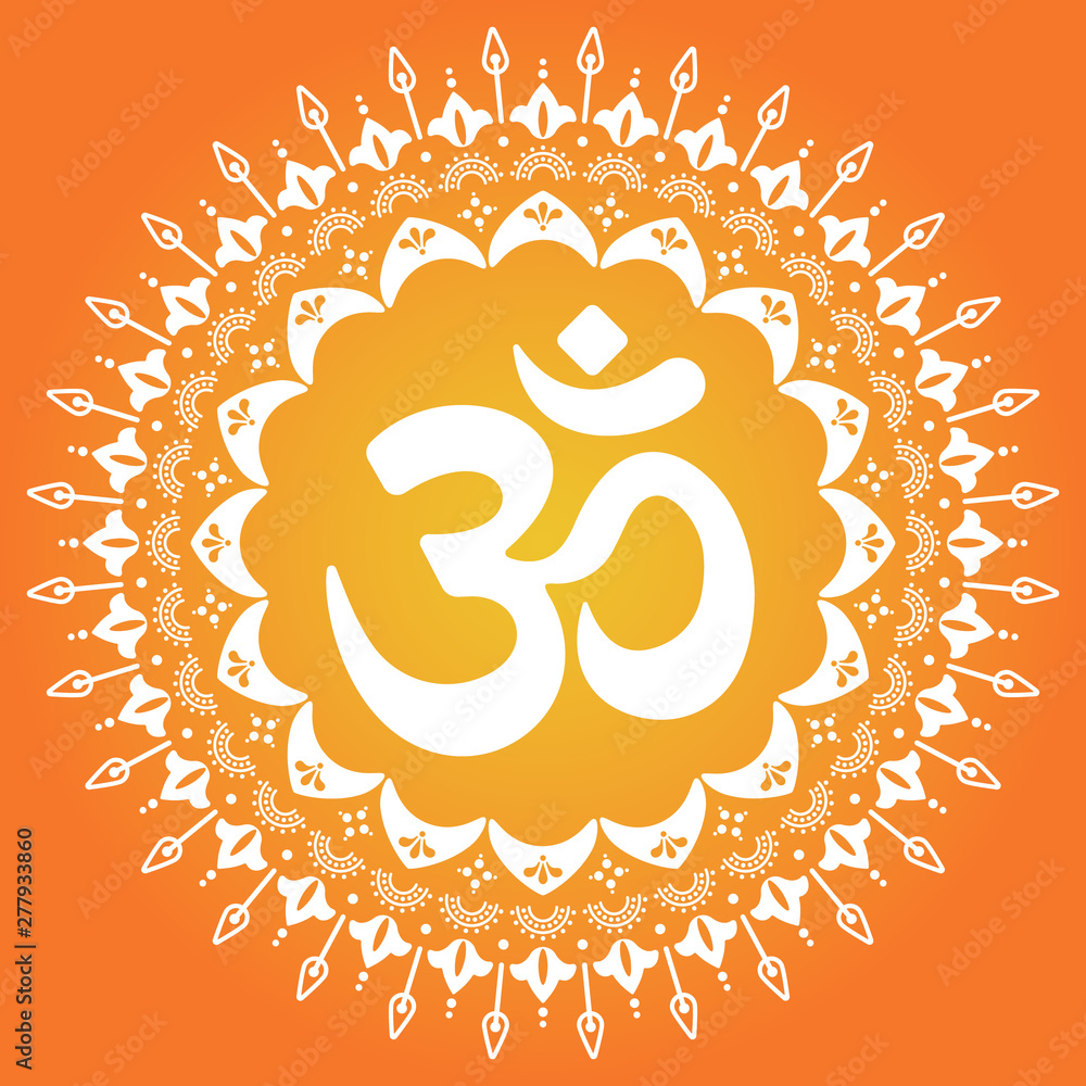OM symbol sunny summer mandala. Oriental ornament with ancient Hindu mantra.