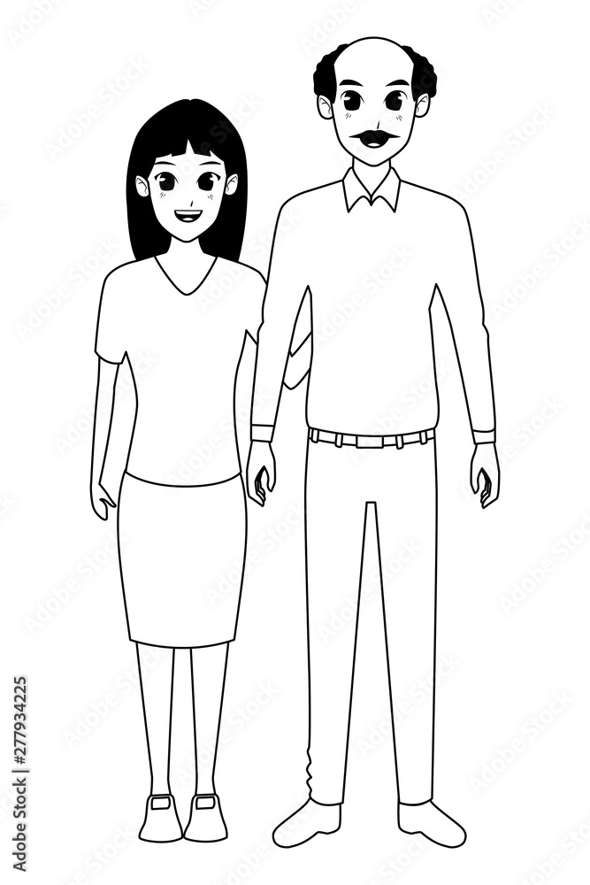 Family grand parents with granddaughter cartoon in black and white Family grand parents with granddaughter cartoon in black and white