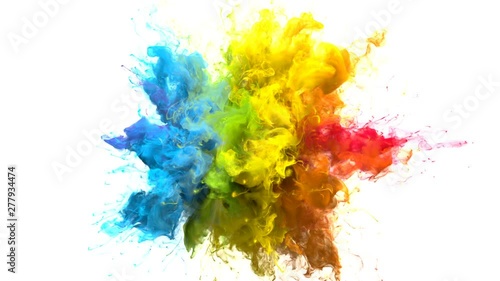 Color Burst iridescent multicolored colorful rainbow smoke powder explosion fluid ink particles slow motion alpha matte isolated on white photo