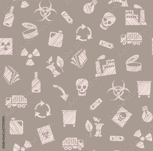 Waste collection and disposal, seamless pattern, pencil hatching, gray, color, vector. Garbage collection, different types of waste. Vector, seamless background. Imitation of pencil hatching. 