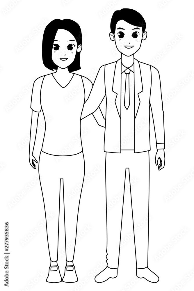 Young adult couple greeting cartoon in black and white Young adult couple greeting cartoon in black and white