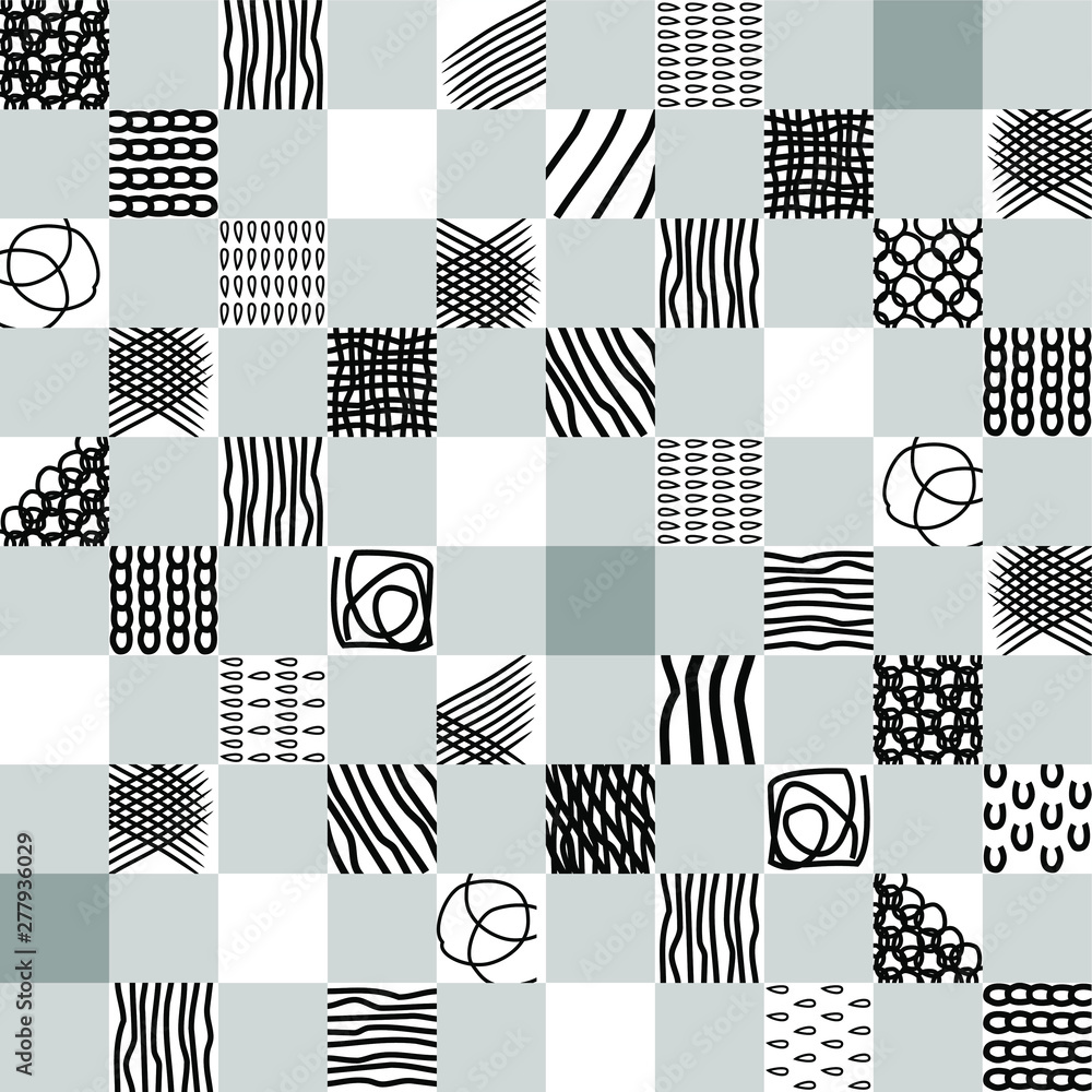 Black and white graphic seamless pattern. Sketch, doodle, line. Vector.