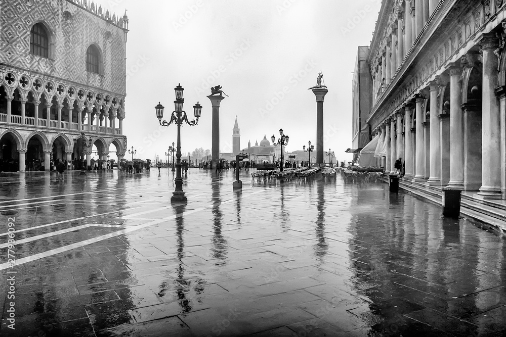 Rain on Saint Marco Square in Venice, Italy. April 2012.  Black and white photo