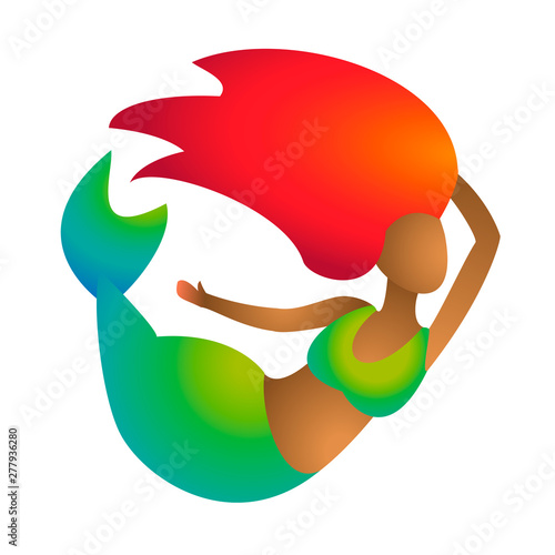 African black mermaid or  siren with red hair and green gradient tail and brown skin. Redhead young marine girl fish. Vector illustration in white background