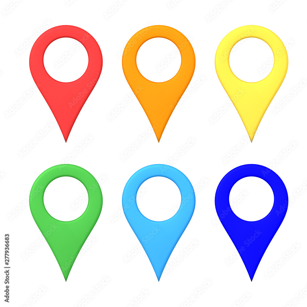 3D Rendering of multi colored map location pins 3D Rendering of multi colored map location pins