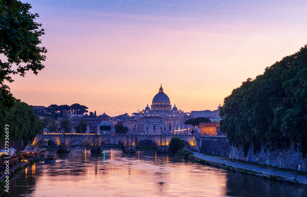 Saint Peter's Basilica with Sant' Angelo's Bridge over Tiber at sunset, Rome, Italy