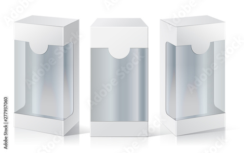 Carton Or Plastic Blank Package Box with a transparent plastic window. Illustration Isolated On White Background. Ready For Your Design. Product Packing Vector.