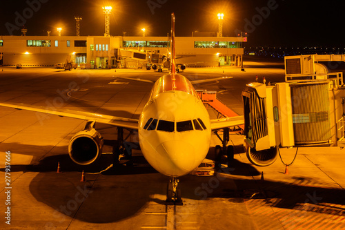 Departures airport runway at night in Don Mueang International Airport, Thailand June 10, 2018 photo