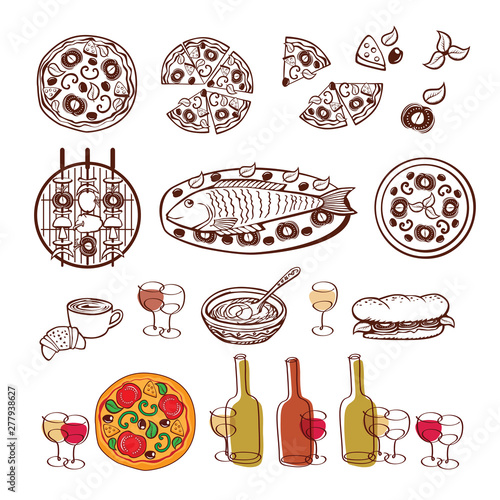 Set of elements for restaurant, bar menu, party, alcohol drinks. Sketch, design elements. Vector illustration.