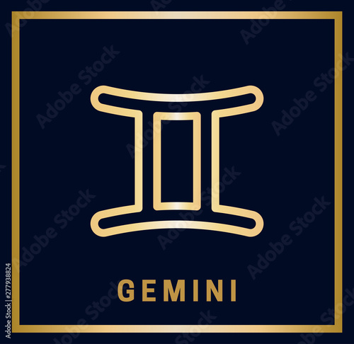 Sign zodiac Gemini. Horoscope. Isolated golden symbol on a blue background with a golden inscription. Vector illustration