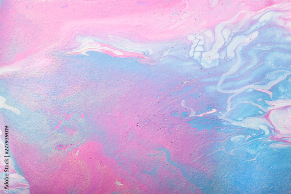 Naklejka premium Abstract handmade composition made in the technique of fluid art. Bright art project in trendy pastel shades of pink and blue with white and silver lines and droplets interspersing.