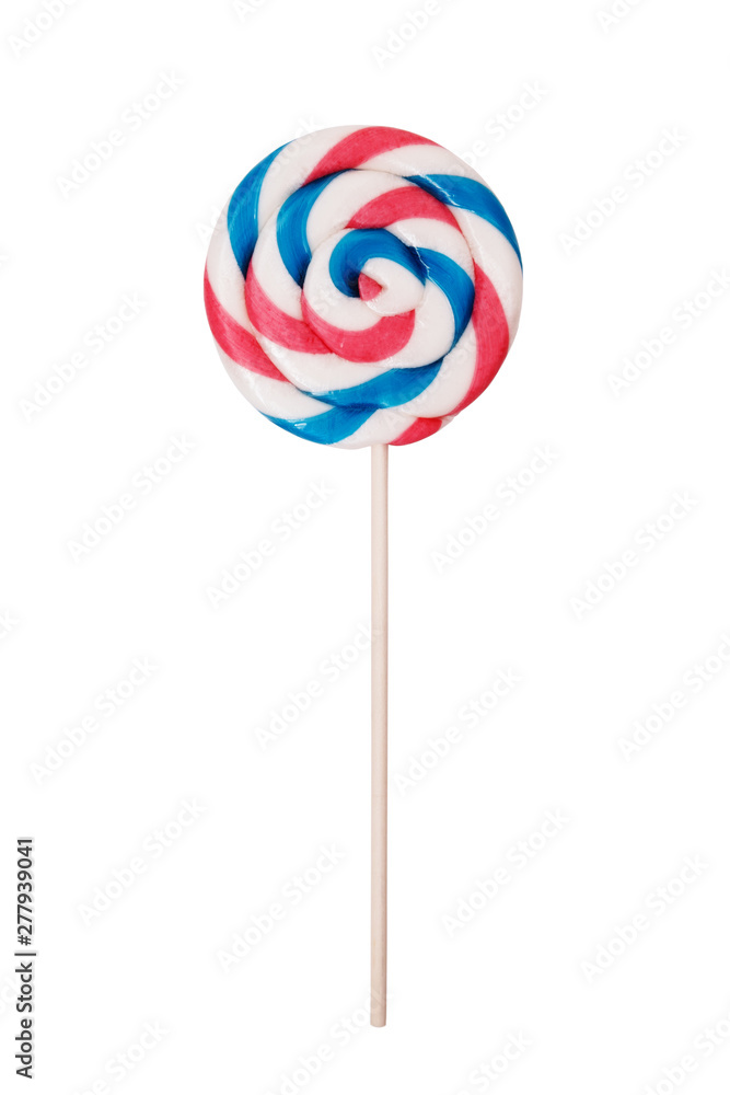 Close-up of colorful, hand-made swirl spiral lollipop isolated on white background. Studio shot Close-up of colorful, hand-made swirl spiral lollipop isolated on white background. Studio shot