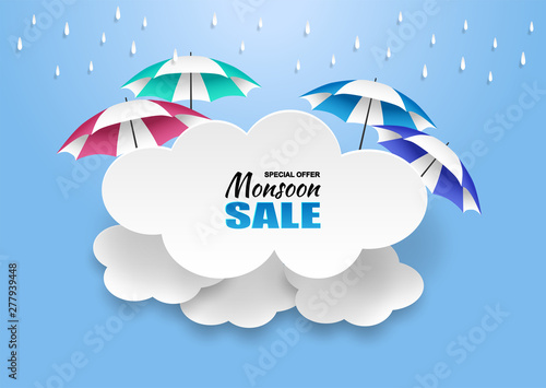 Monsoon, Rainy Season sale background . Cloud rain and umbrella  on blue sky. vector.