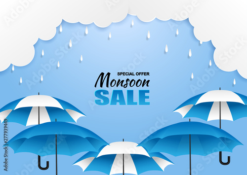 Monsoon, Rainy Season sale background . Cloud rain and umbrella  on blue sky. vector.