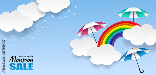 Monsoon, Rainy Season sale background . Cloud rain and umbrella  on blue sky. vector.
