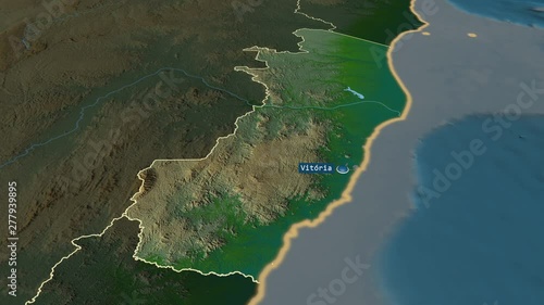 Espirito Santo - state of Brazil with its capital zoomed on the physical map of the globe. Animation 3D