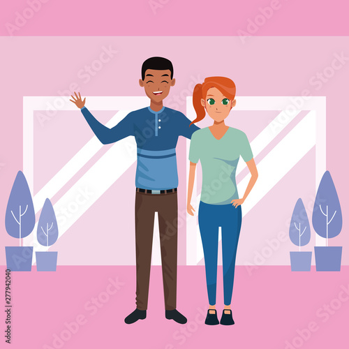 Young adult couple greeting cartoon