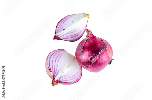 Fresh cut red onion on white background, top view. Organic food background.