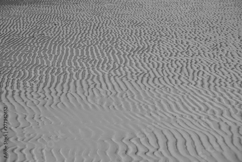 Interesting shapes on the sand because of the wind on a lonely virgin beach, Black and white photo