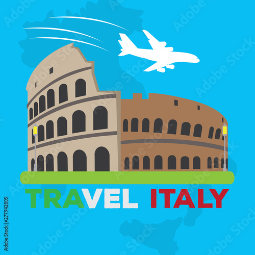 Colored landscape with the Colosseum of Rome and an airplane. Travel to Italy - Vector
